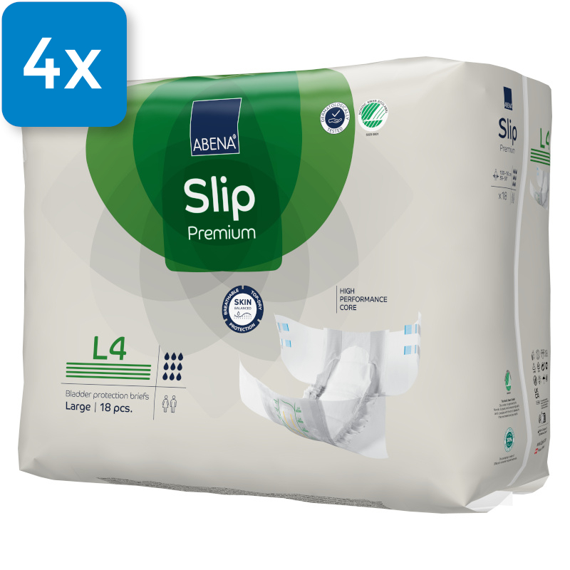 Vorderseite der Verpackung der Abena Slip L4 Premium. Oben Links befindet sich ein blaues Viereck mit der Aufschrift "4x", welches signalisiert, dass vier Packungen in einem Karton enthalten sind.